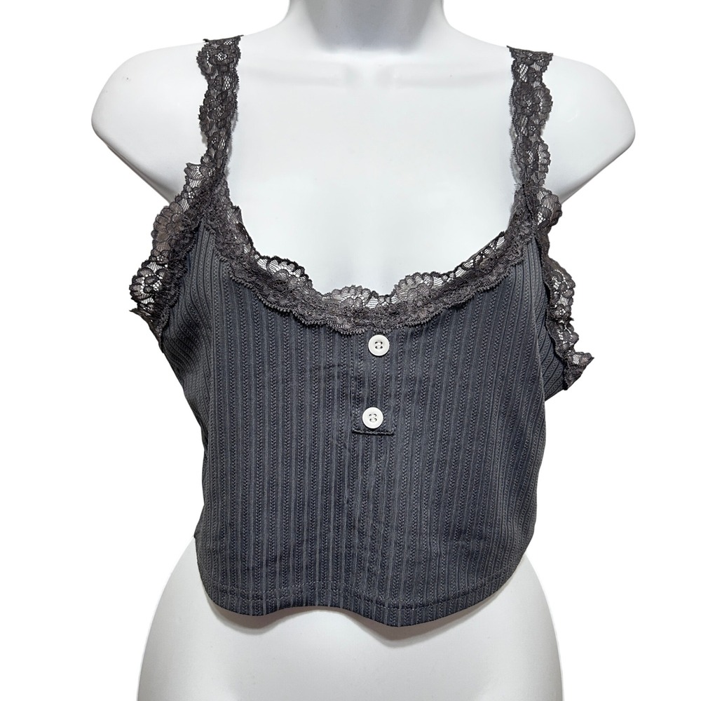 Y2K Women Coquette Grunge Ribbed Lace Trim Tank S Grey Henley Fairy Crop Top